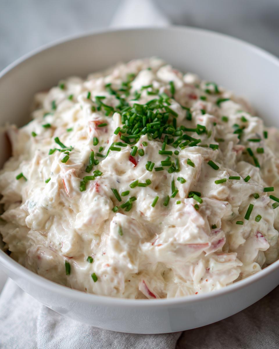 Close-up of a bowl filled with creamy cold crab dip, garnished generously with fresh chopped chives.