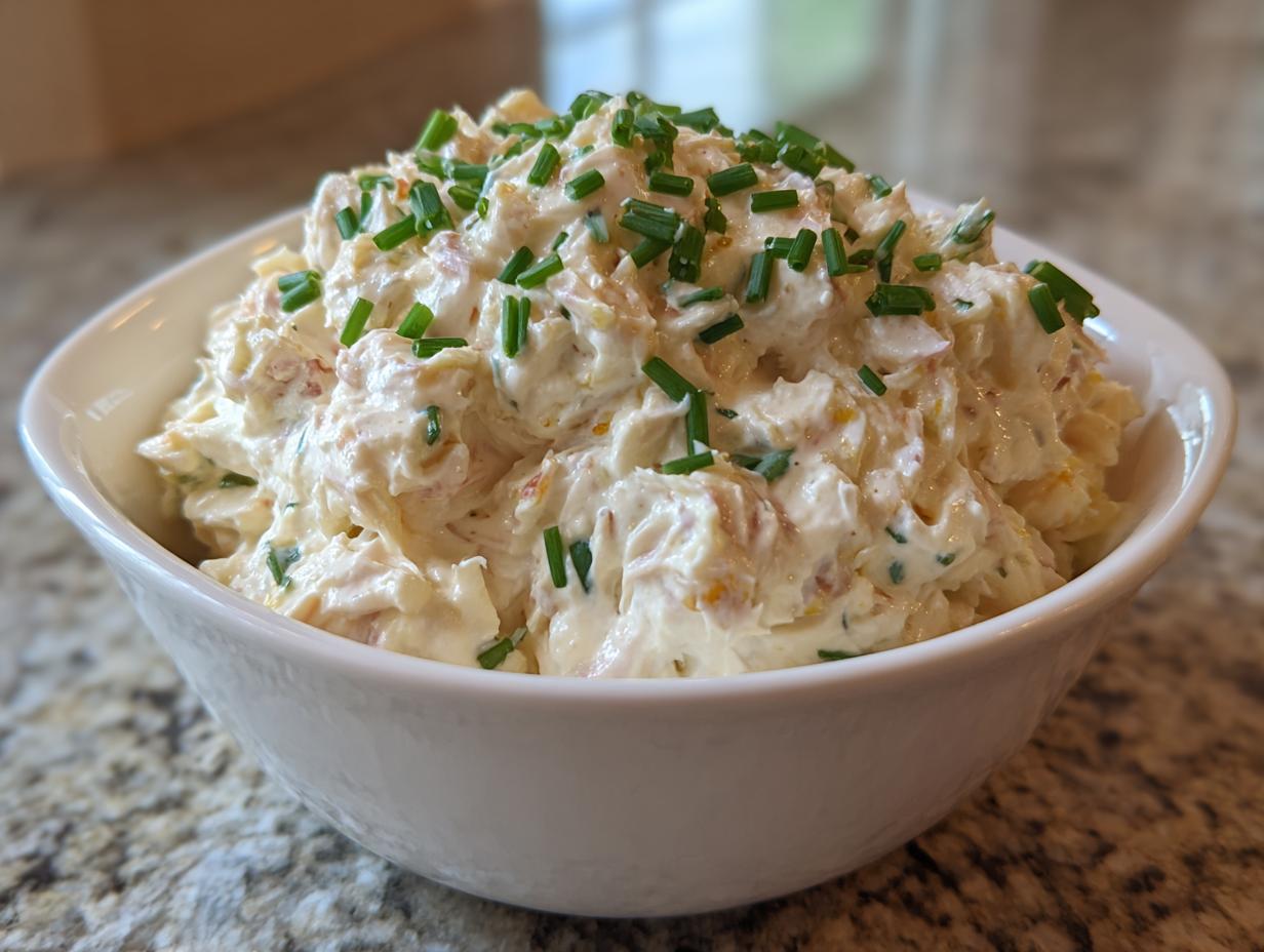 A white bowl filled with creamy cold crab dip, generously topped with freshly chopped green chives.