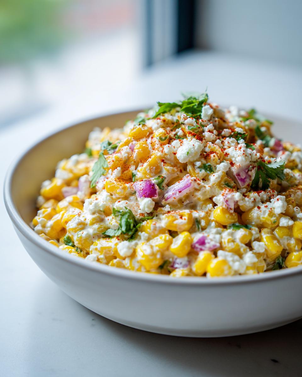 Close-up of a creamy corn salad mixed with red onion, cotija cheese, and cilantro, sprinkled with paprika.