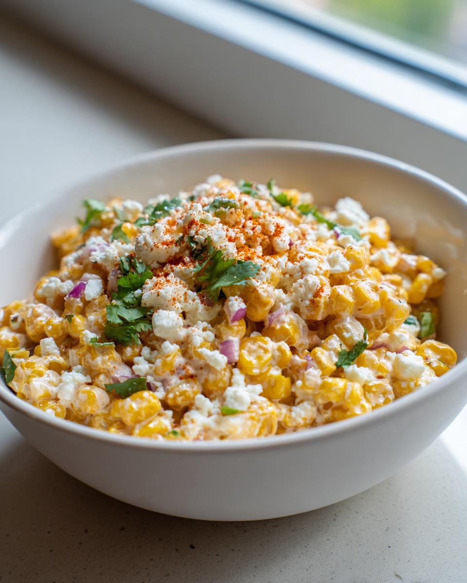 Close-up of a creamy corn salad topped with cotija cheese, cilantro, and paprika.