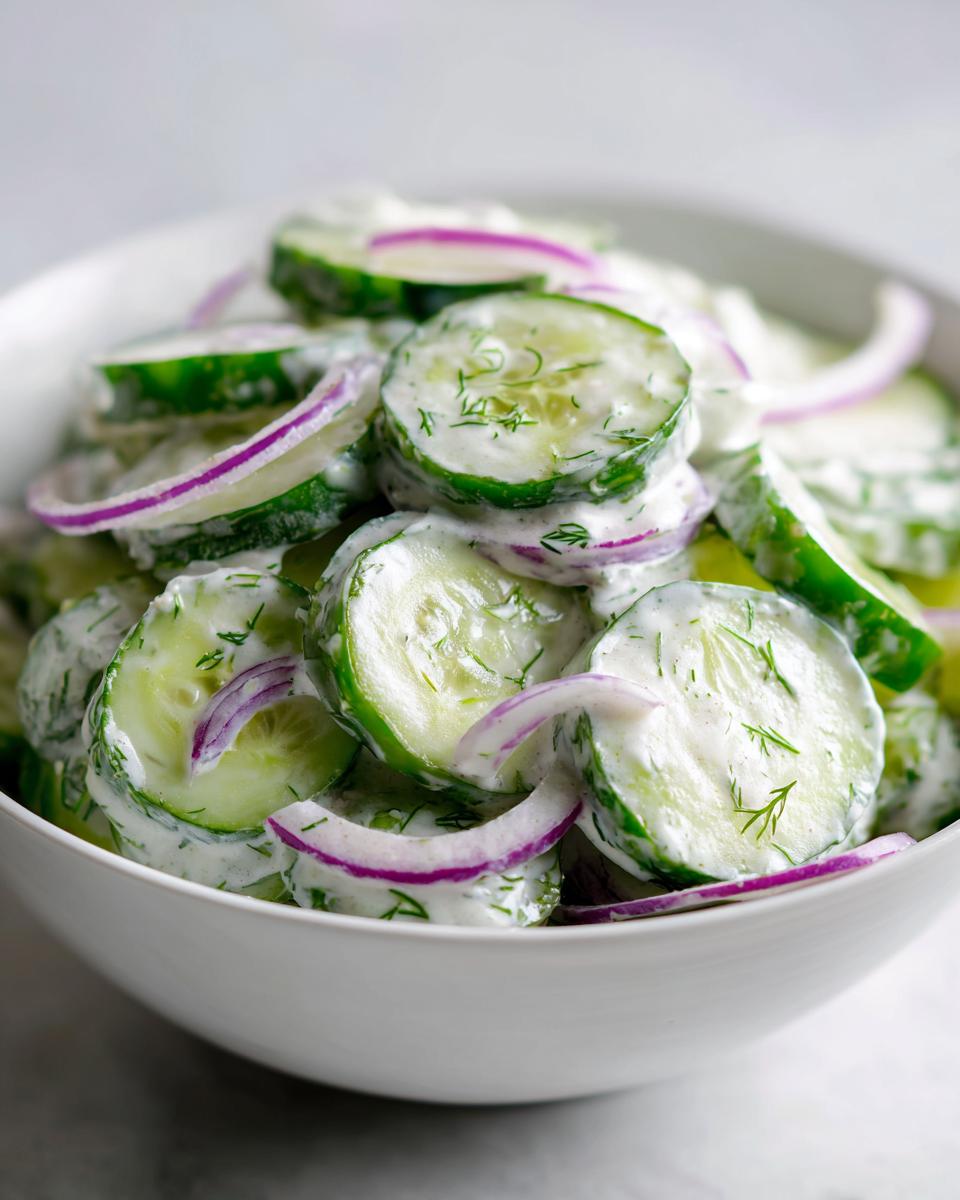 Close-up shot of creamy cucumber salad featuring sliced cucumbers, red onion, and fresh dill in a white bowl.