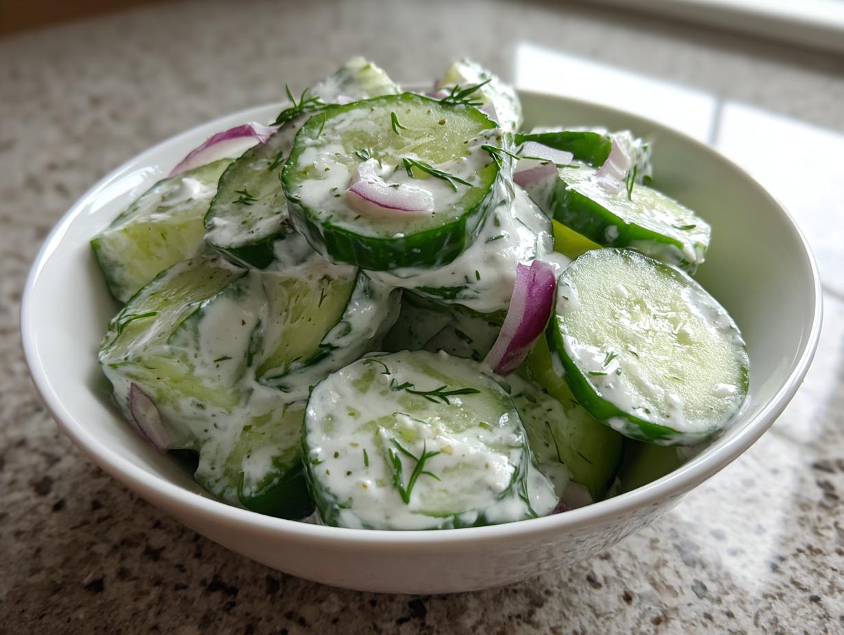 Close-up of creamy cucumber salad featuring thick-cut cucumbers, red onion, and dill in a white bowl.