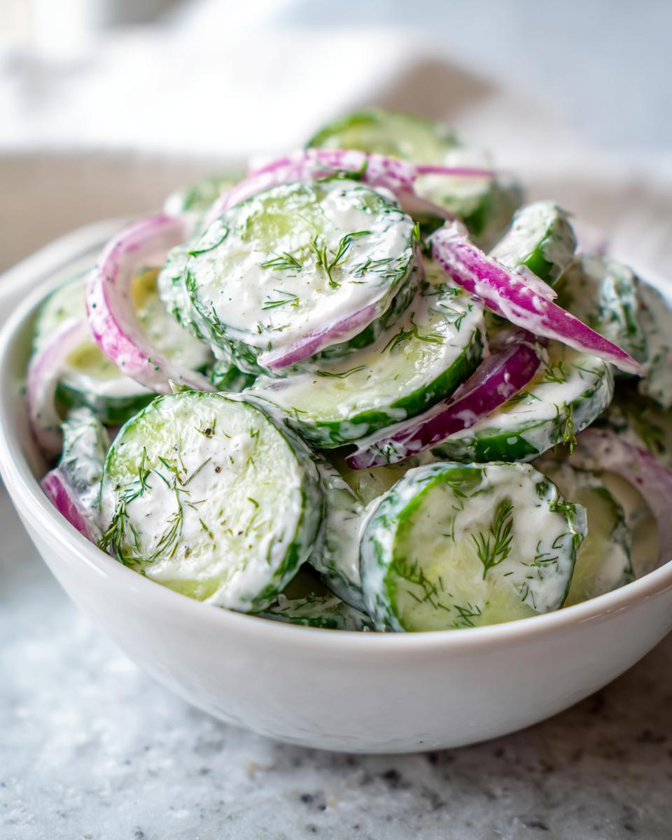 A close-up of creamy cucumber salad featuring sliced cucumbers, red onion, and fresh dill in a white bowl.