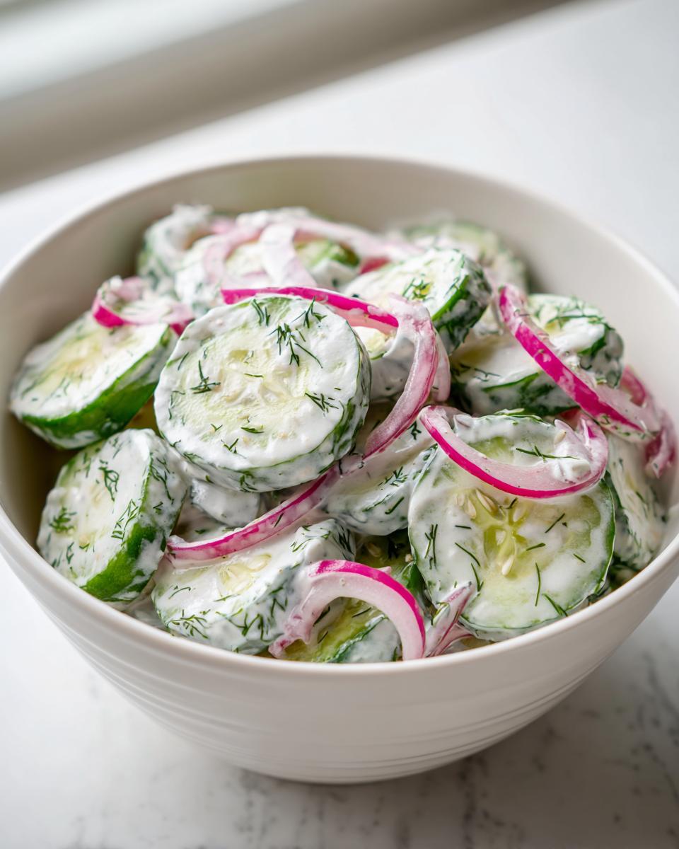 Close-up of creamy cucumber salad slices mixed with red onion rings and fresh dill in a white bowl.