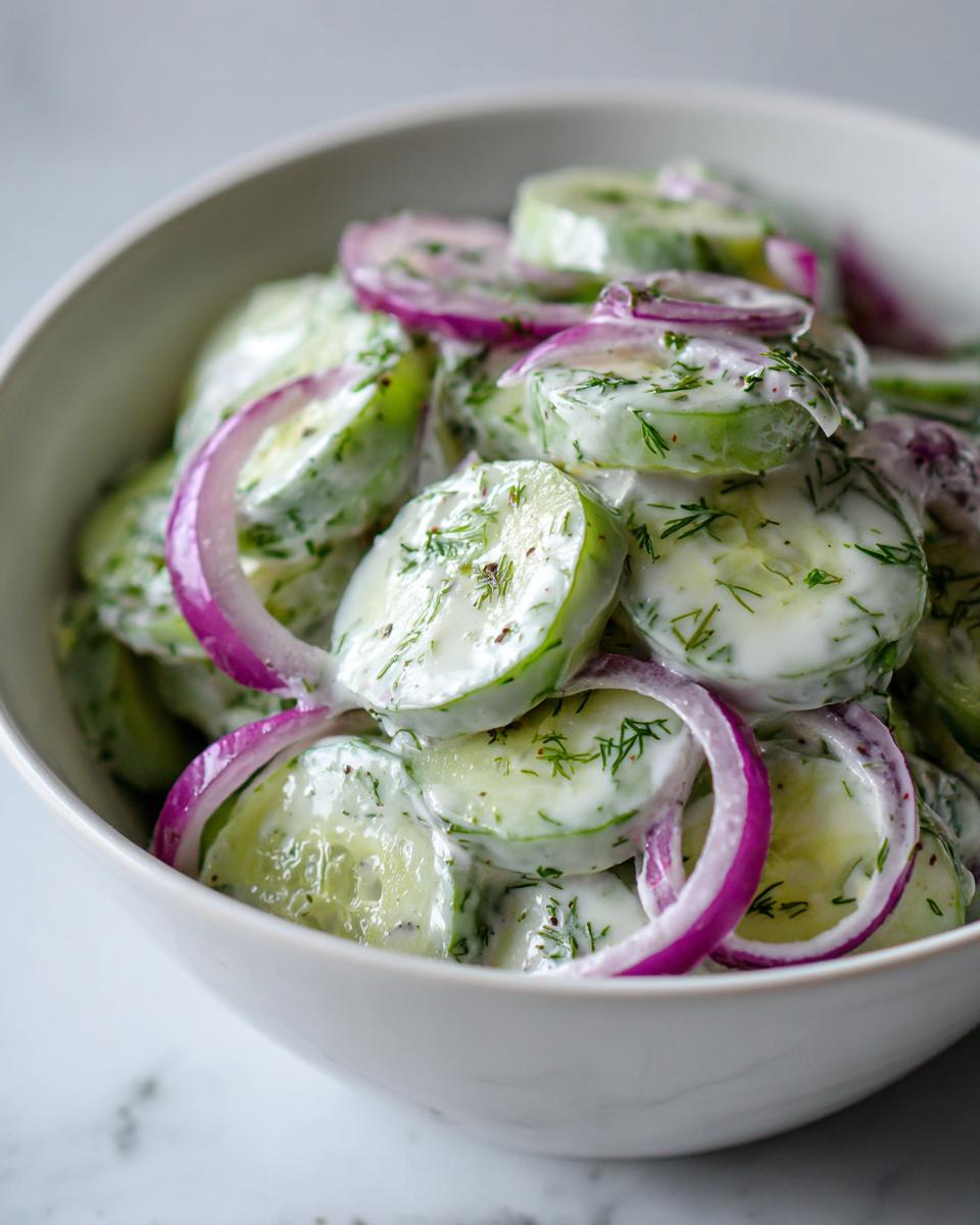 Close-up of creamy cucumber salad slices mixed with red onion rings and fresh dill in a white bowl.
