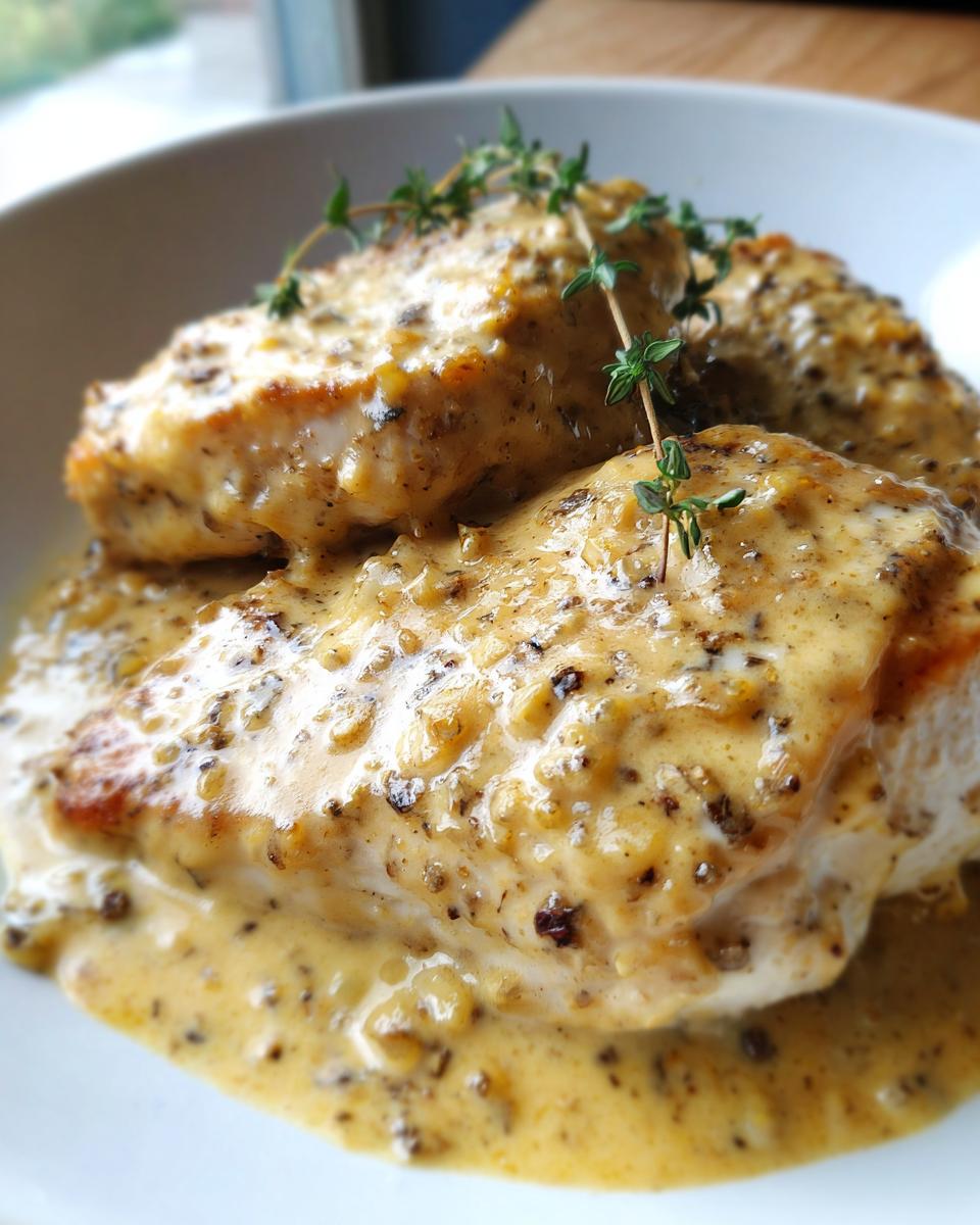 Two pieces of seared chicken breast smothered in a creamy, whole-grain dijon chicken sauce, garnished with fresh thyme.