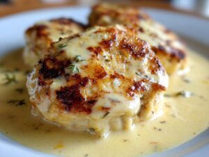 Three pan-seared pieces of creamy dijon chicken smothered in a rich, yellow sauce and garnished with thyme.
