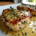 A close-up of seared chicken breast topped with creamy dijon chicken sauce and garnished with fresh thyme.