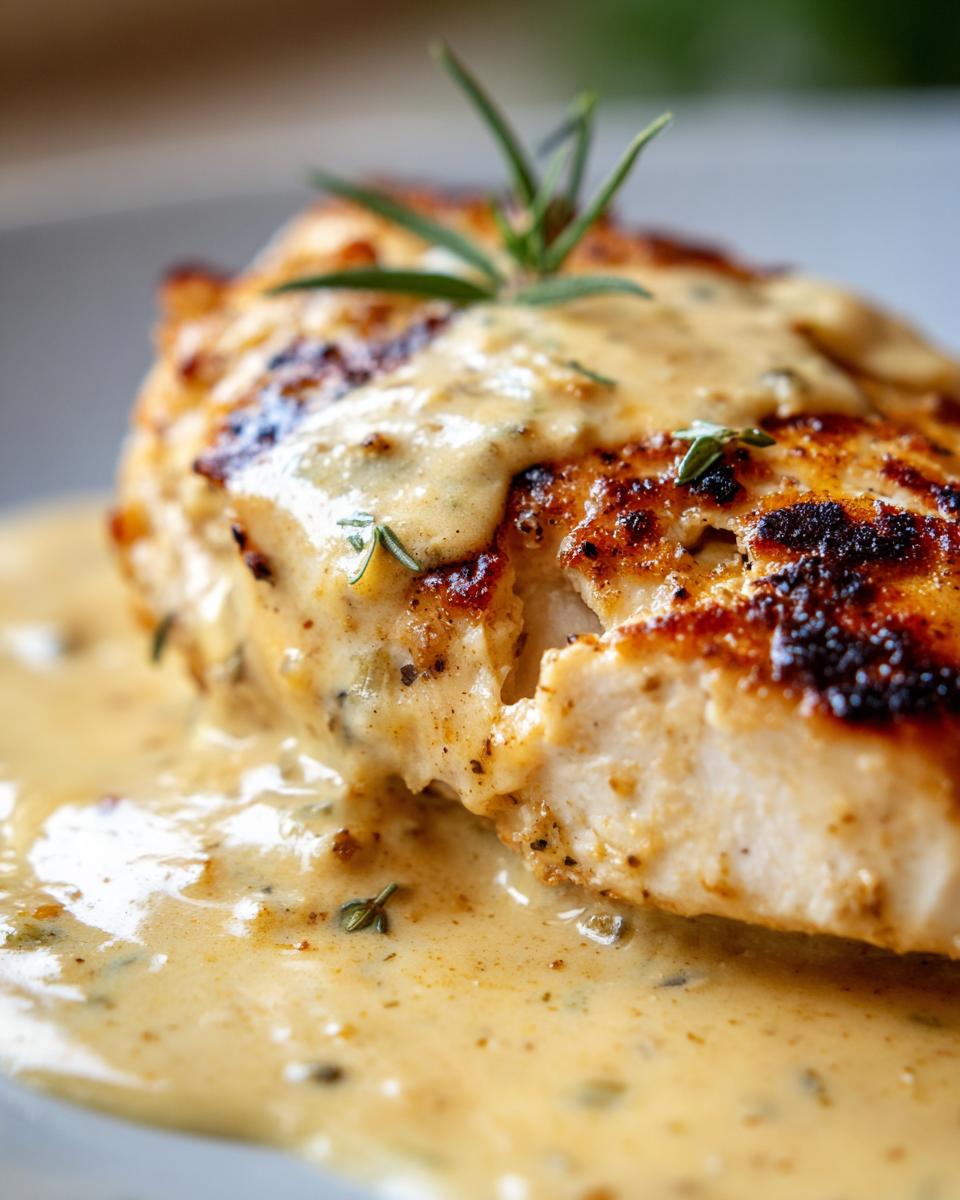 Close-up of a perfectly seared chicken breast covered in creamy dijon chicken sauce and garnished with rosemary.