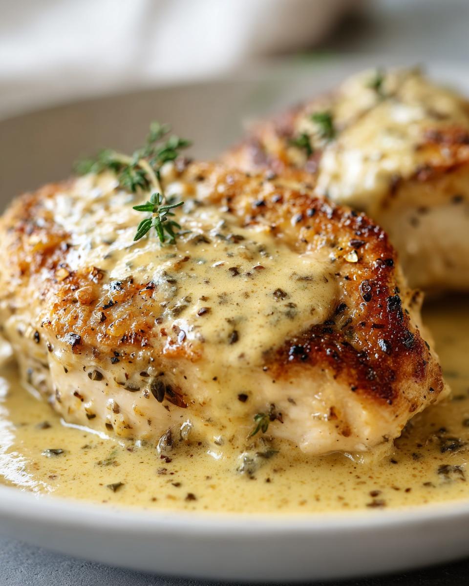Close-up of perfectly seared creamy dijon chicken breasts smothered in a rich, pale yellow sauce and garnished with fresh thyme.