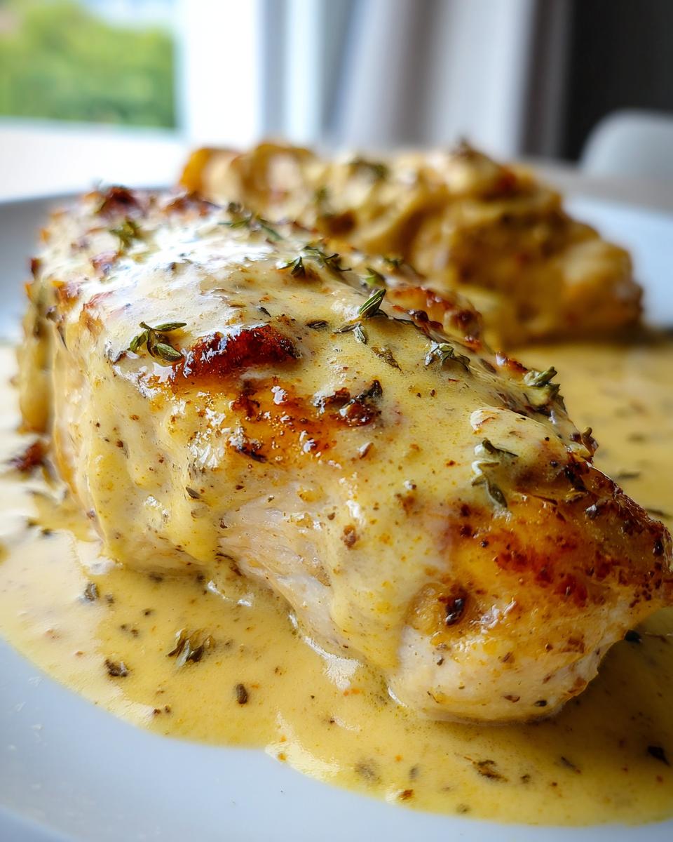 A close-up of a perfectly cooked chicken breast smothered in a creamy, yellow Dijon sauce and topped with fresh thyme for amazing dijon chicken.