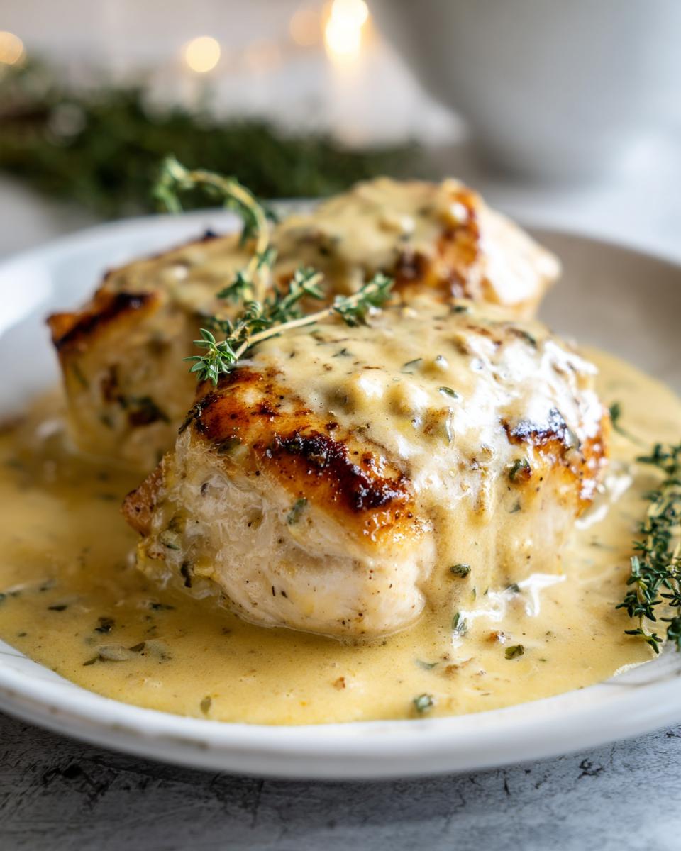 Two pan-seared chicken breasts smothered in a rich, creamy dijon chicken sauce and garnished with fresh thyme sprigs.