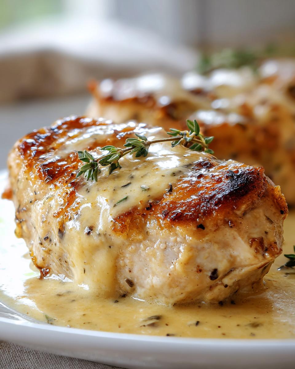 A perfectly seared piece of creamy dijon chicken smothered in a rich, light-colored sauce and garnished with fresh thyme.