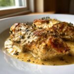 Two pan-seared chicken breasts smothered in a creamy Dijon sauce and garnished with fresh thyme.