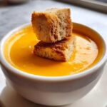 Close-up of a creamy orange dip, resembling cheddar cheese fondue, topped with two toasted bread cubes.