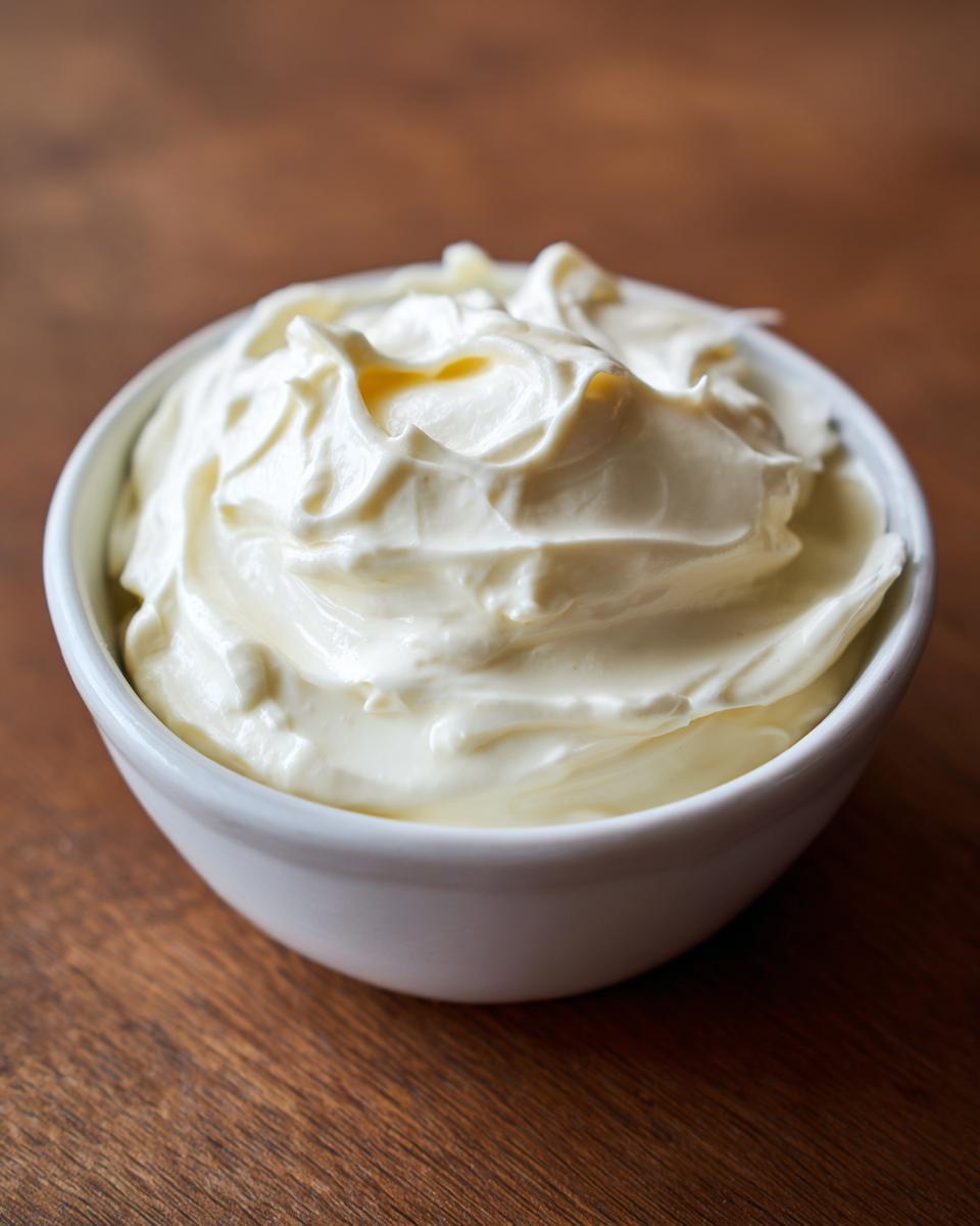 A close-up of rich, creamy, homemade garlic aioli recipe served in a small white bowl on a wooden surface.