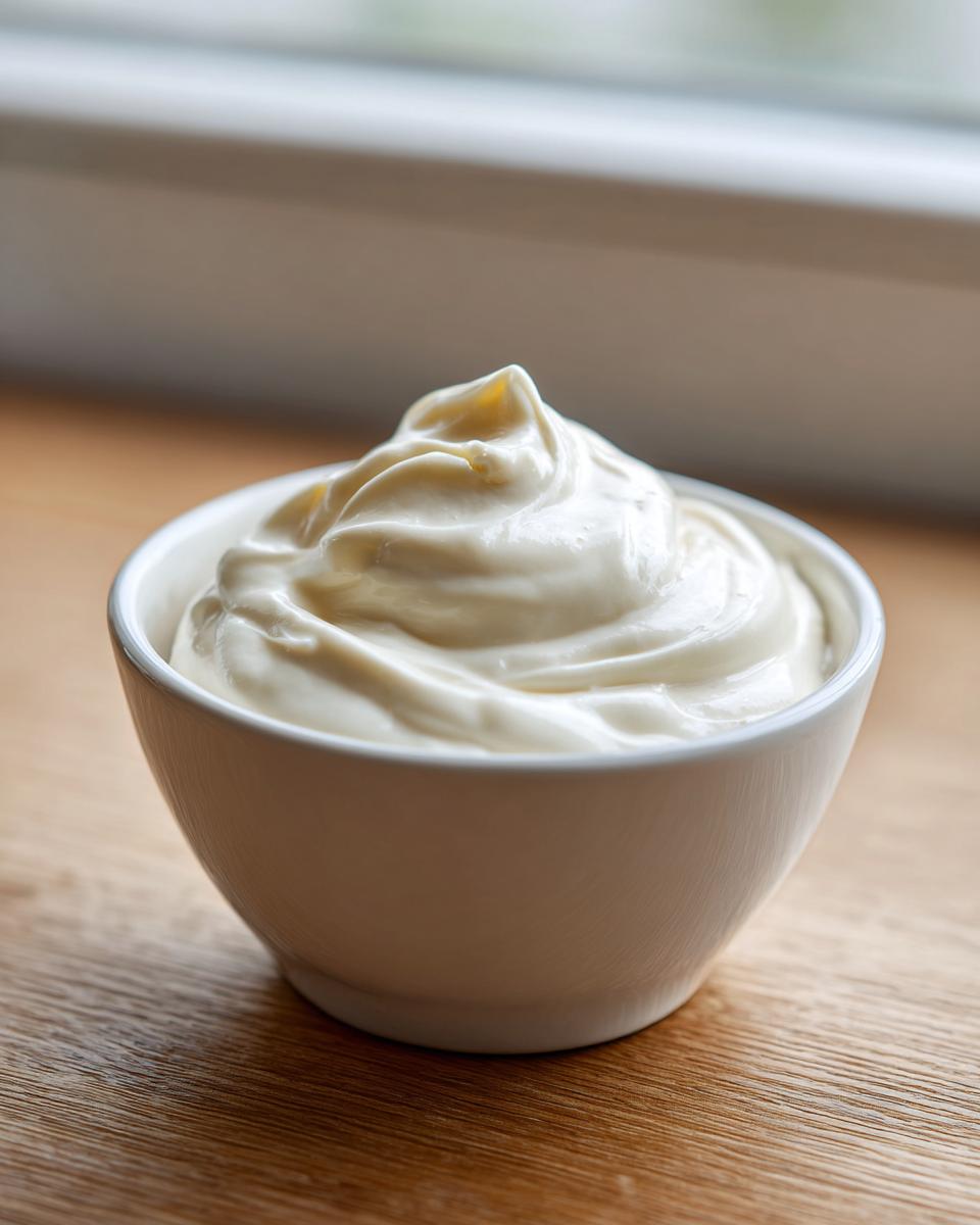 A close-up of creamy, homemade garlic aioli recipe served in a small white bowl on a wooden surface.