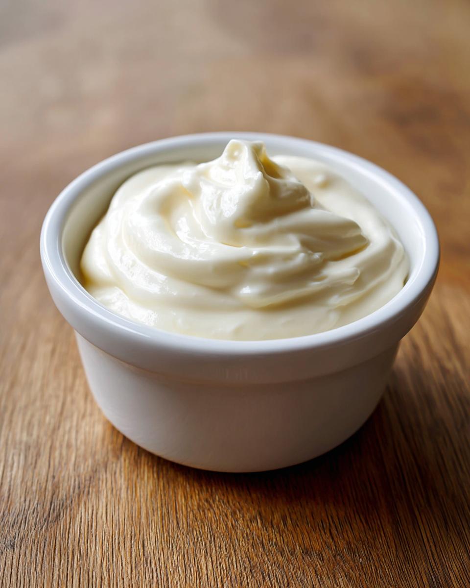 Close-up of thick, creamy homemade garlic aioli recipe served in a small white ramekin on a wooden surface.