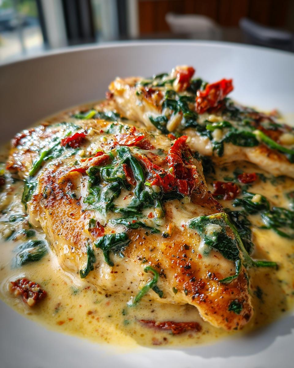 Close-up of seared creamy garlic parmesan chicken topped with spinach and sun-dried tomatoes in a rich sauce.