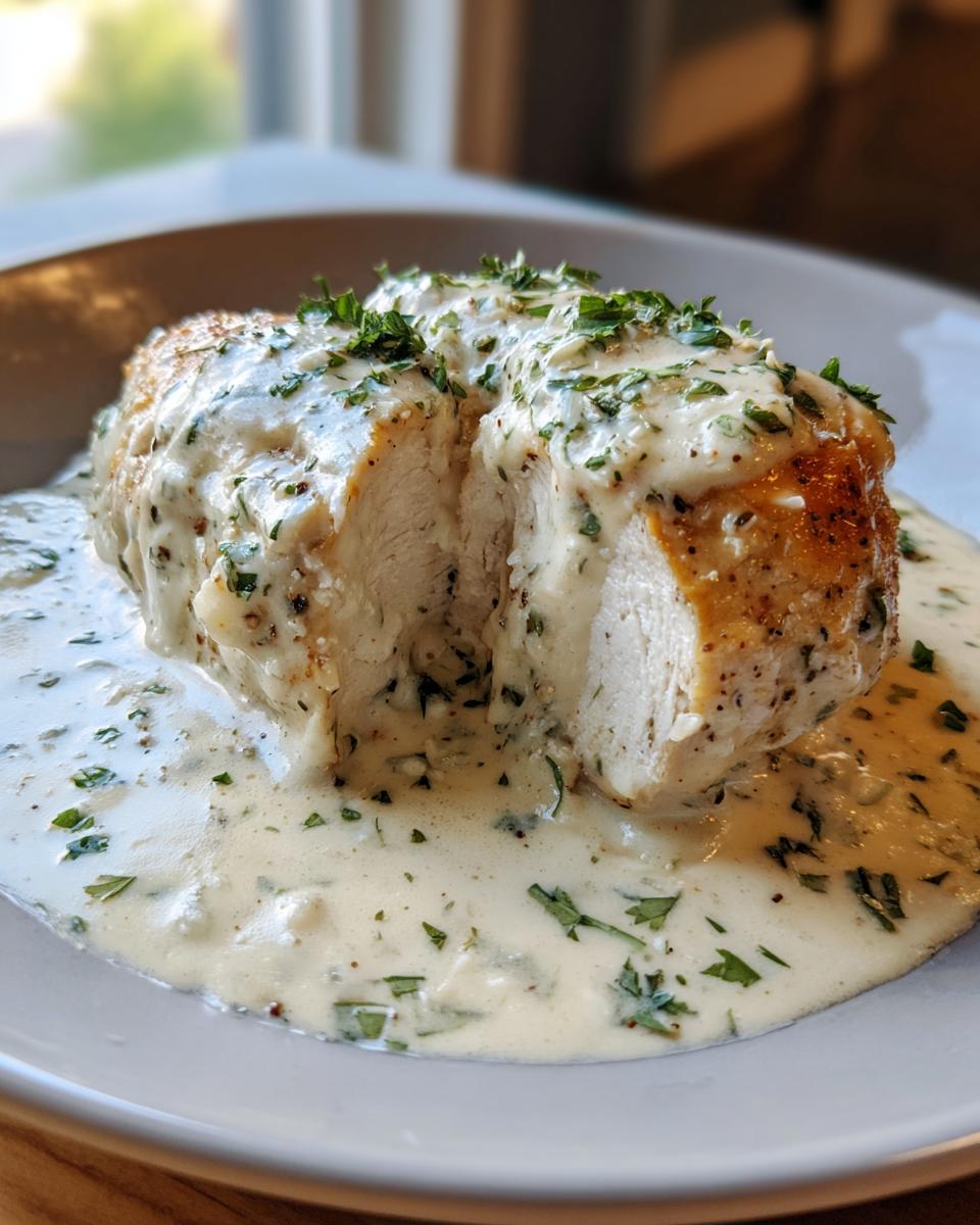 Close-up of juicy garlic parmesan chicken breast cut in half, smothered in creamy sauce and parsley.
