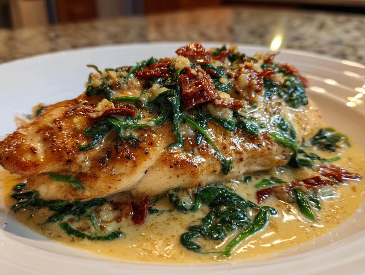 A perfectly seared chicken breast smothered in creamy garlic parmesan sauce, spinach, and sun-dried tomatoes, showcasing the creamy garlic parmesan chicken.
