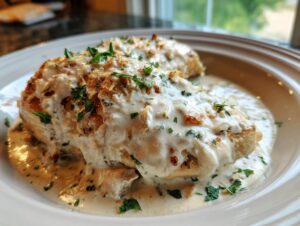 Two pieces of creamy garlic parmesan chicken smothered in rich sauce and topped with fresh parsley.