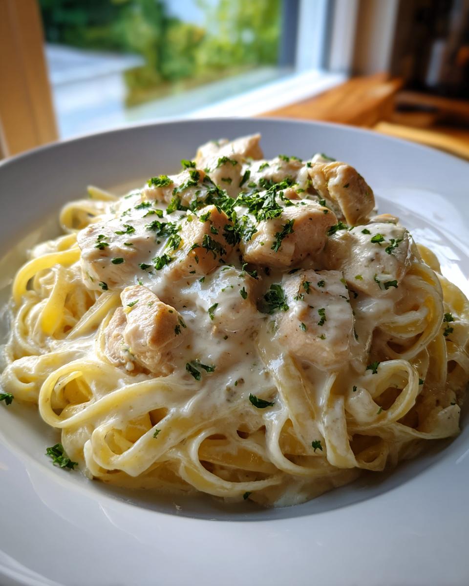 A close-up of creamy garlic parmesan chicken pasta featuring fettuccine noodles, diced chicken, and fresh parsley.