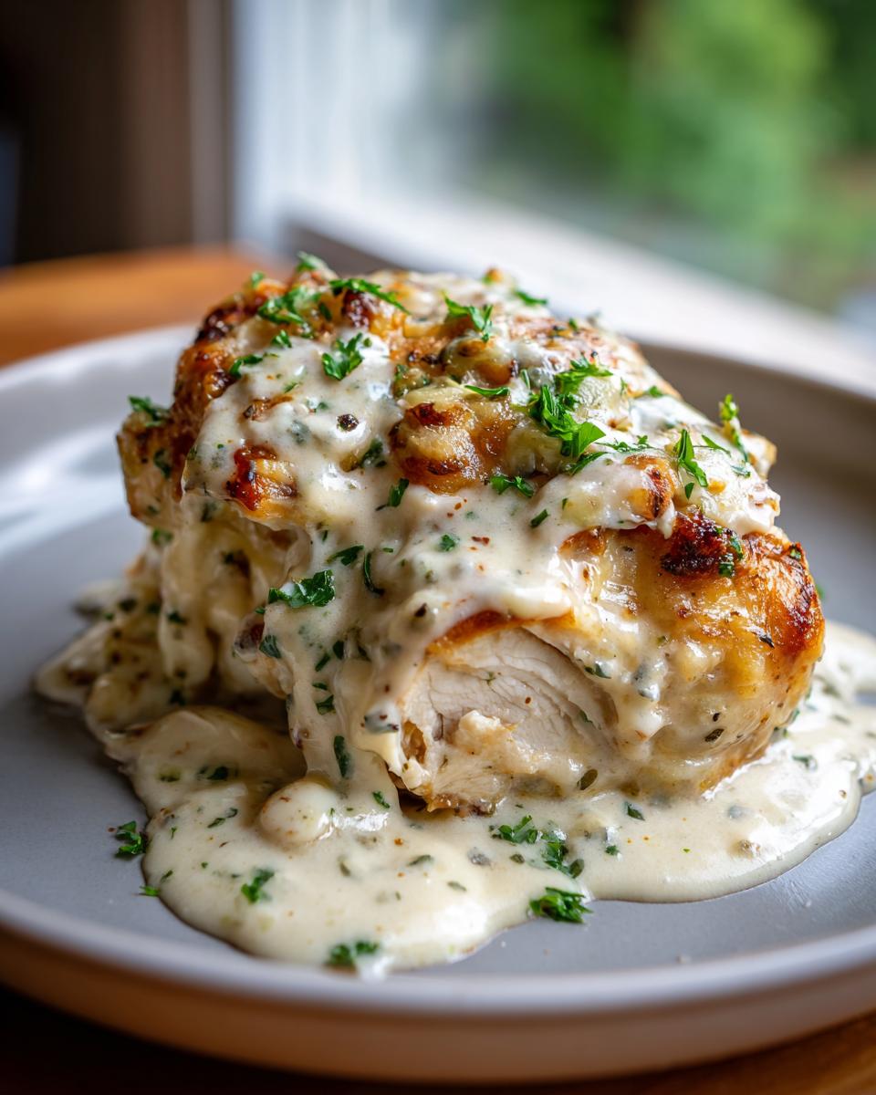 Close-up of a juicy garlic parmesan chicken breast smothered in creamy sauce and topped with melted cheese and parsley.