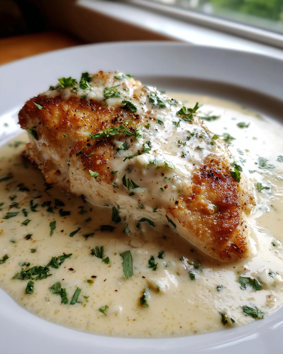 A perfectly seared chicken breast smothered in creamy garlic parmesan chicken sauce and topped with fresh parsley.