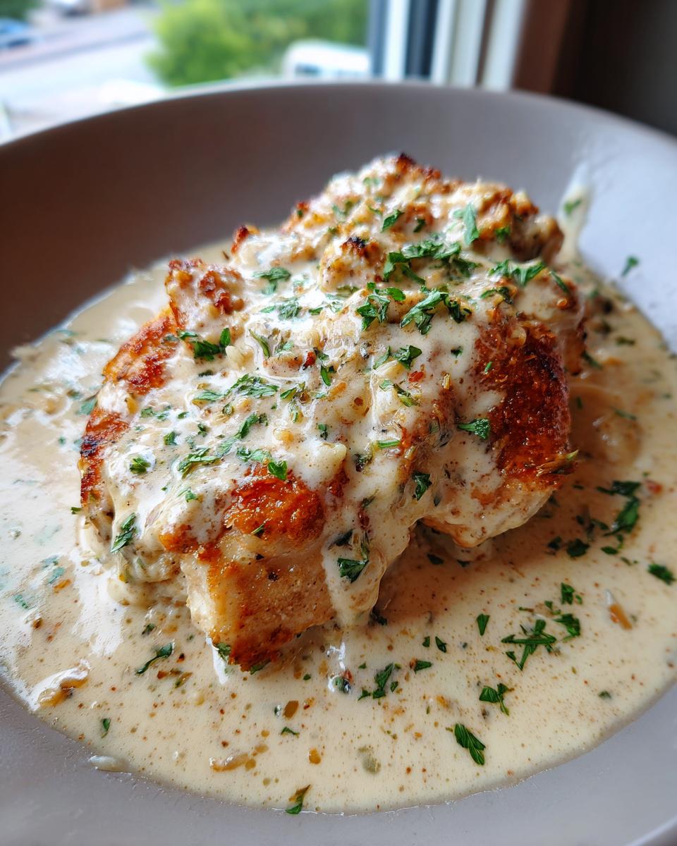 Close-up of pan-seared garlic parmesan chicken smothered in a creamy sauce and topped with fresh parsley.