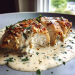 Close-up of a juicy garlic parmesan chicken breast, sliced and smothered in creamy sauce with parsley.