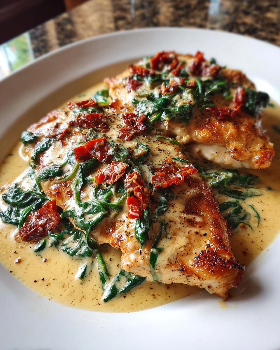 Two pan-seared chicken breasts smothered in a creamy garlic parmesan sauce with spinach and sun-dried tomatoes.