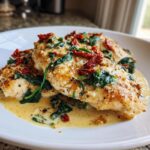 Two pieces of creamy garlic parmesan chicken topped with spinach and sun-dried tomatoes, served in a rich sauce.