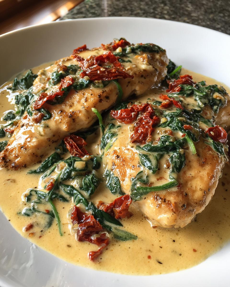 Two golden-brown chicken breasts smothered in a creamy garlic parmesan sauce with spinach and sun-dried tomatoes.
