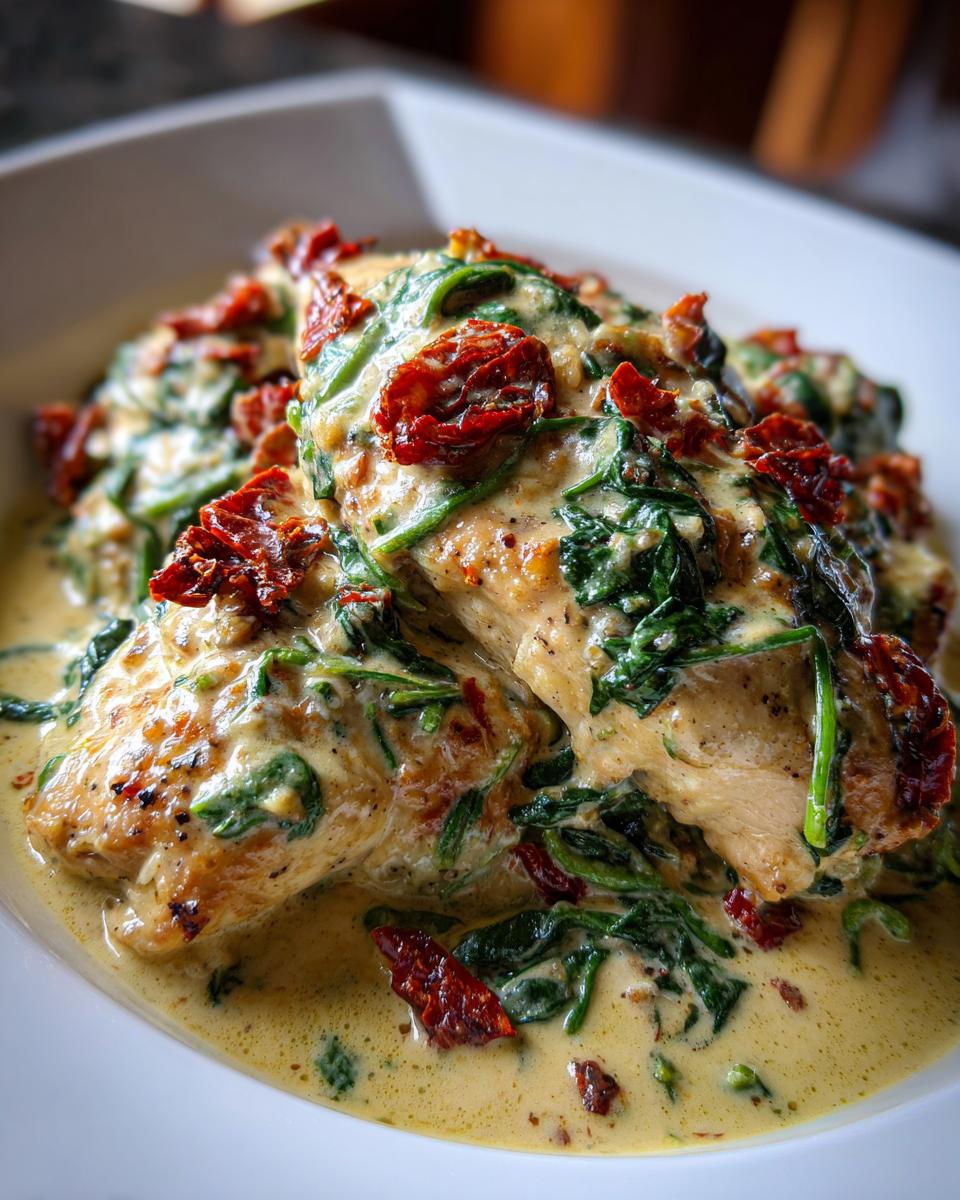 Close-up of creamy garlic parmesan chicken breasts smothered in a rich sauce with spinach and sun-dried tomatoes.