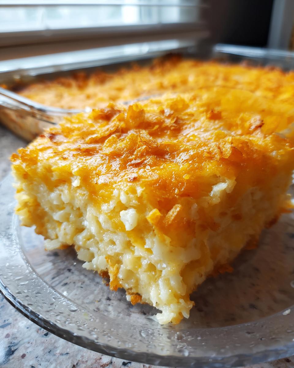 A close-up of a creamy, cheesy slice of hashbrown casserole with a golden, crunchy topping on a clear plate.
