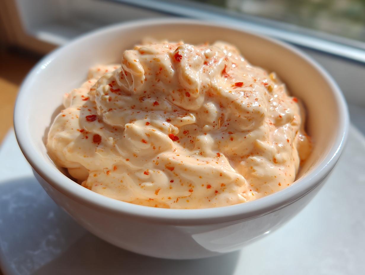 Close-up of creamy, orange-tinted healthy big mac sauce speckled with red spice flakes in a white bowl.