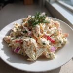 A mound of creamy keto seafood salad mixed with red onion and peppers, topped with fresh dill.