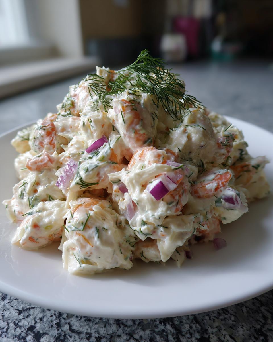A mound of creamy keto seafood salad featuring shrimp, red onion chunks, and fresh dill garnish on a white plate.