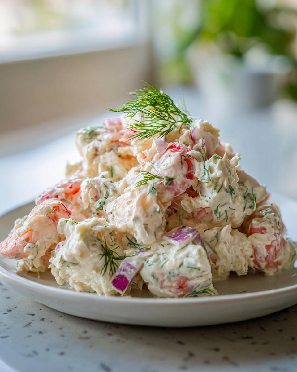 A generous mound of creamy keto seafood salad mixed with red onion and fresh dill on a white plate.