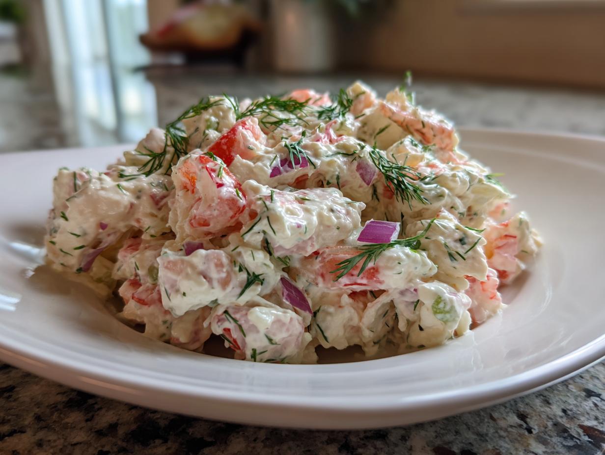 Close-up of a creamy keto seafood salad featuring shrimp, red onion, and fresh dill on a white plate.