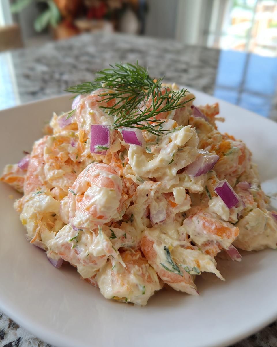 Close-up of a creamy keto seafood salad featuring shrimp, red onion, and topped with fresh dill.