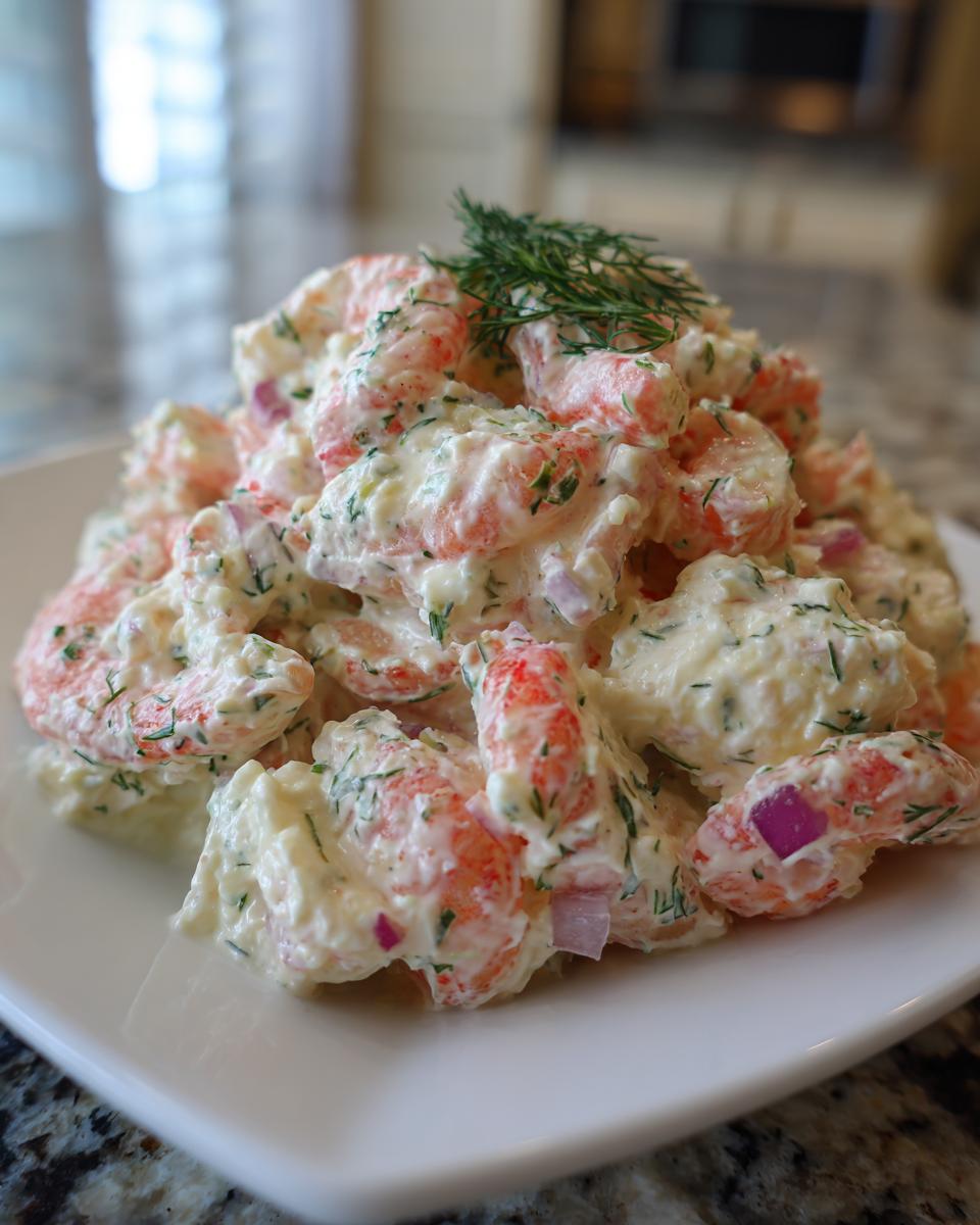 A mound of creamy keto seafood salad featuring pink shrimp, red onion, and fresh dill on a white plate.