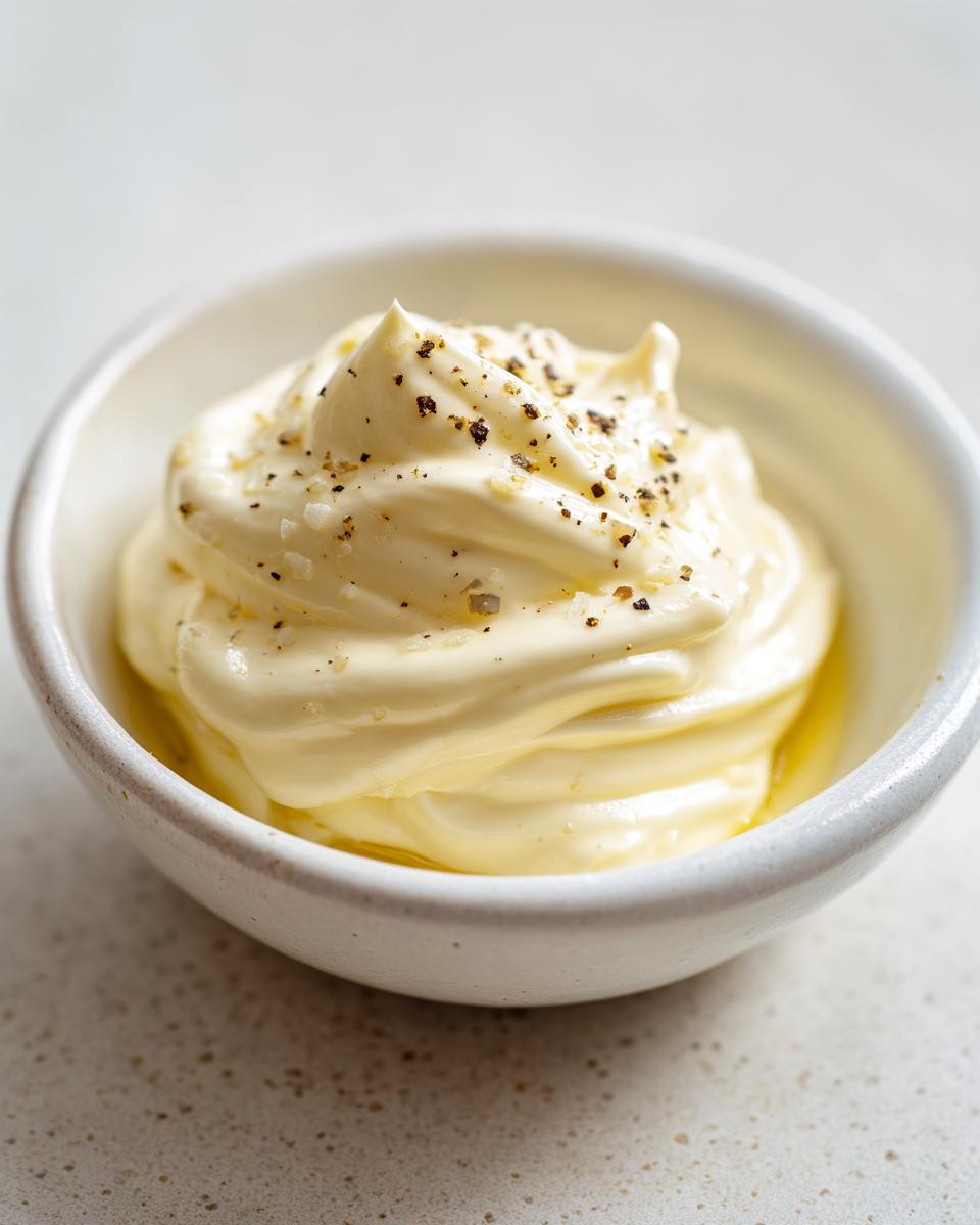 Close-up of creamy, pale yellow lemon garlic aioli recipe swirled in a small white bowl, topped with cracked black pepper.