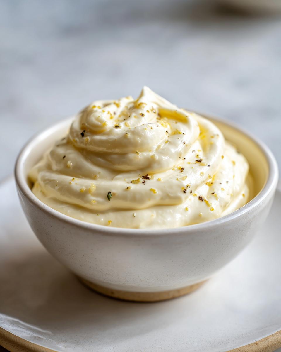 Close-up of creamy lemon garlic aioli recipe, swirled high in a white bowl and topped with zest and pepper.