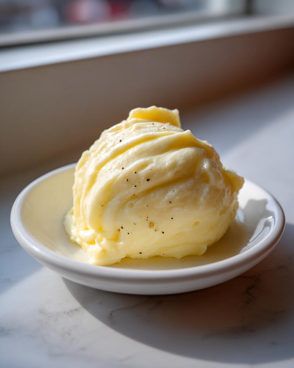 A dollop of creamy, pale yellow lemon garlic aioli sprinkled with black pepper in a small white dish.