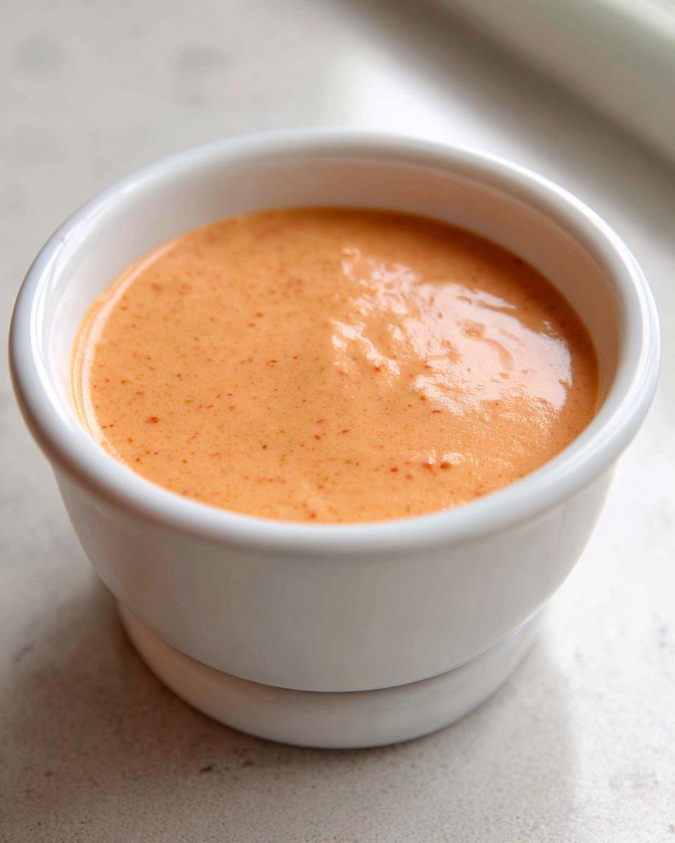 Close-up of creamy, orange-hued low carb big mac sauce served in a small white dipping cup.