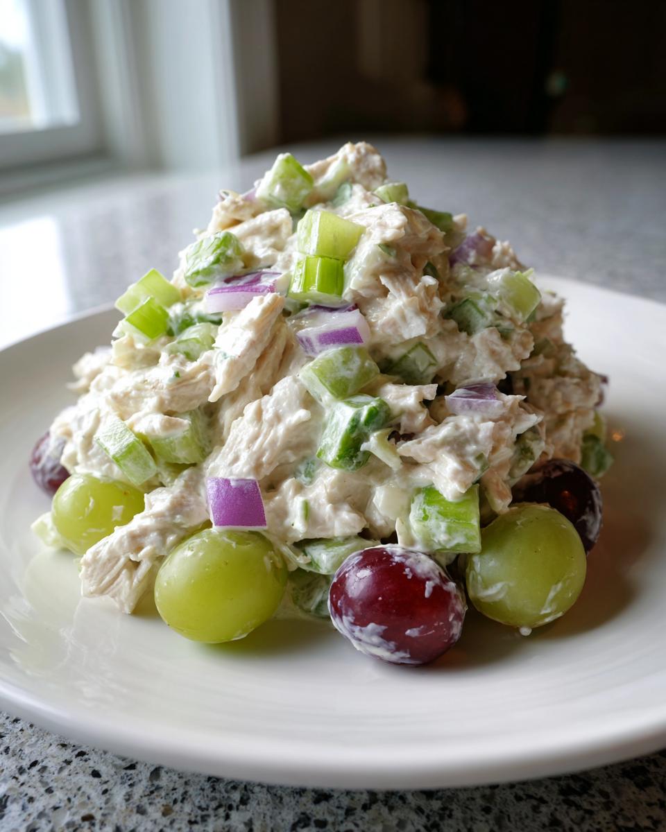 A mound of creamy chicken protein salad mixed with celery and red onion, garnished with green and red grapes on a white plate.