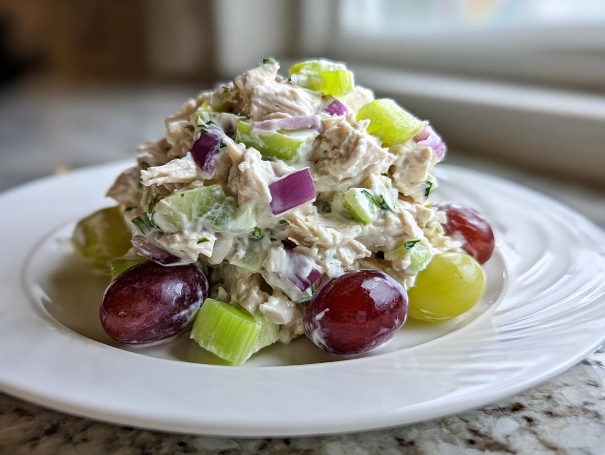 A mound of creamy chicken protein salad mixed with red onion, celery, and grapes, served on a white plate.