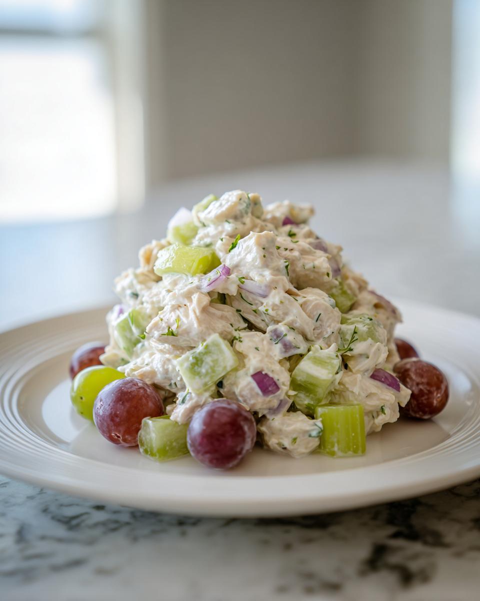 A mound of creamy chicken protein salad mixed with celery and red onion, garnished with red and green grapes.